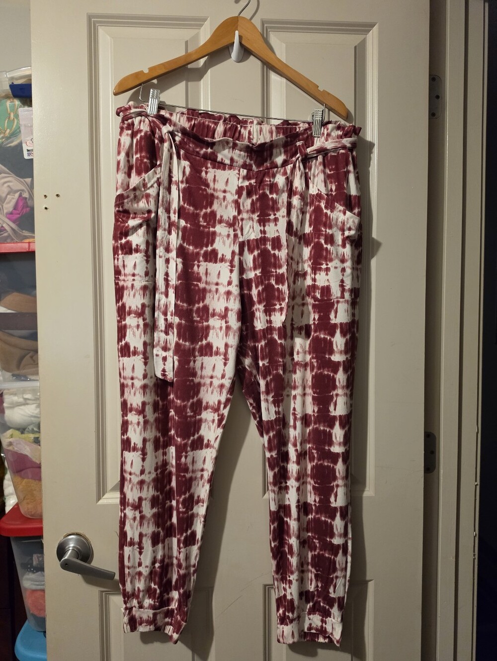 Rouge Collection Tie-Dye Maroon & White Jogger Pants with Waist Tie 2x